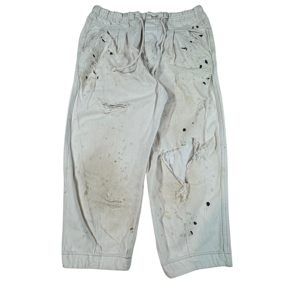 Y2K Free People White Distressed Paint Splatter Pants Cropped Size M Grunge
